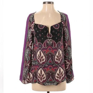 Nicole Miller Artelier 100% silk sweetheart purple/black paisley blouse, sz S